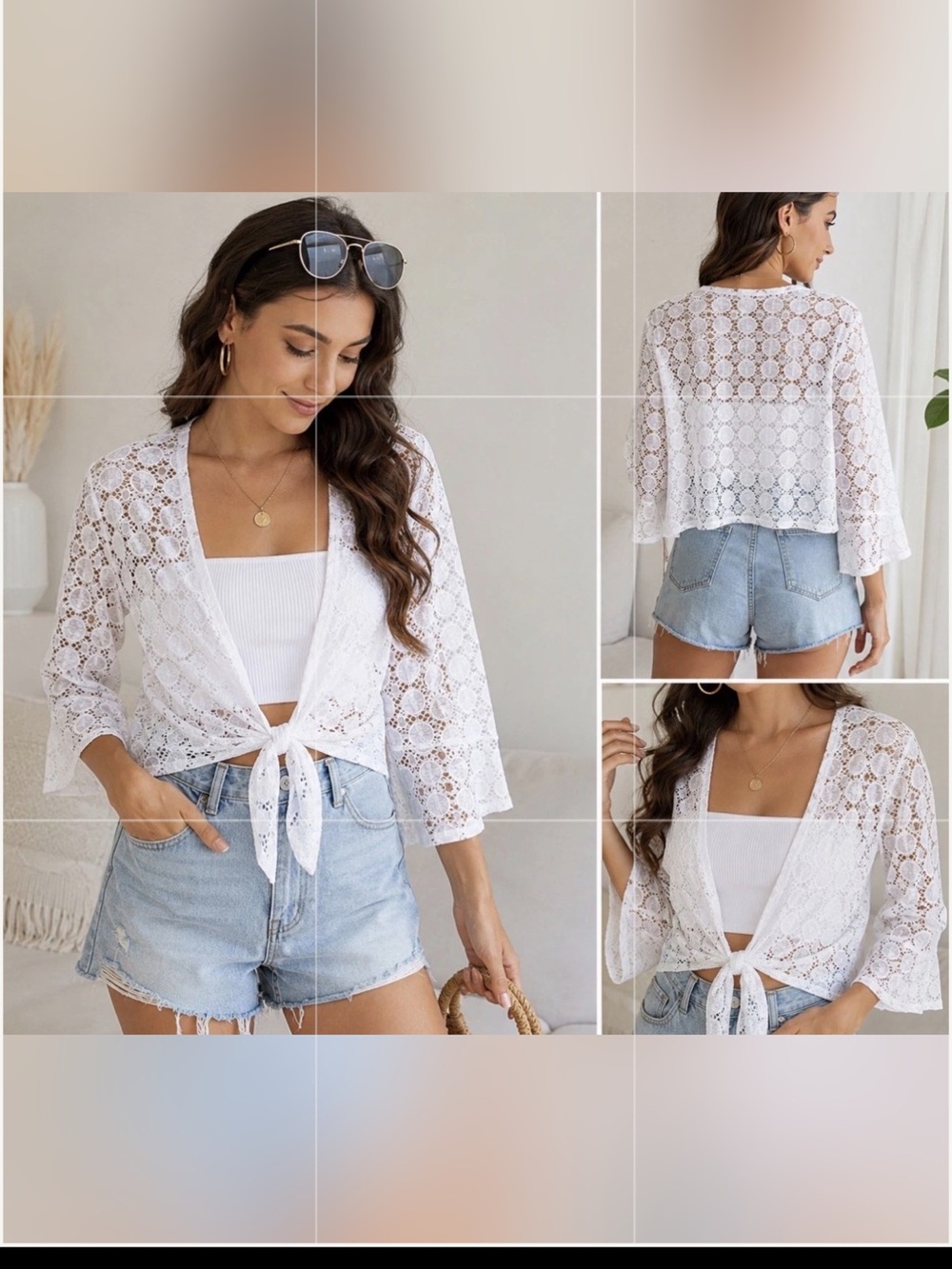 Ronni Nicole White Lace Tie Front Cardigan Cover Up Size Medium